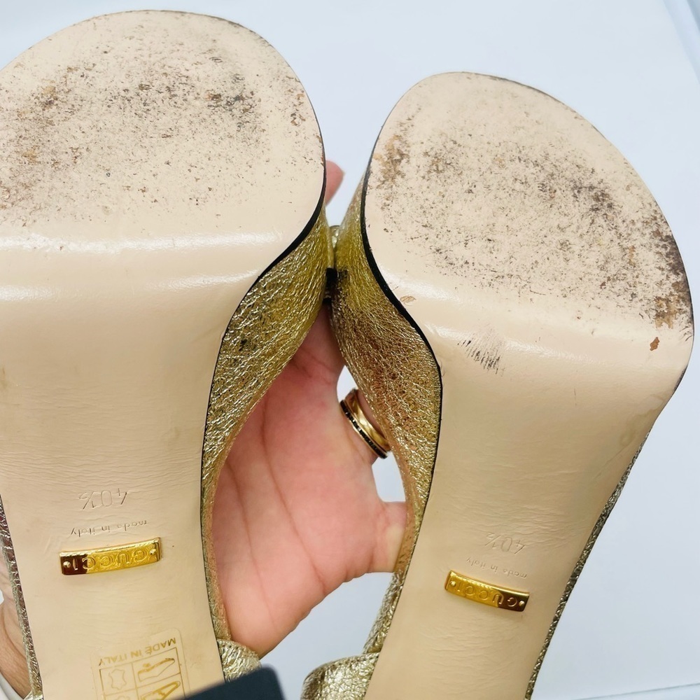Gucci Galassia Metallic Gold leather GG Marmont ankle strap block heels 40.5 - Picture 8 of 11